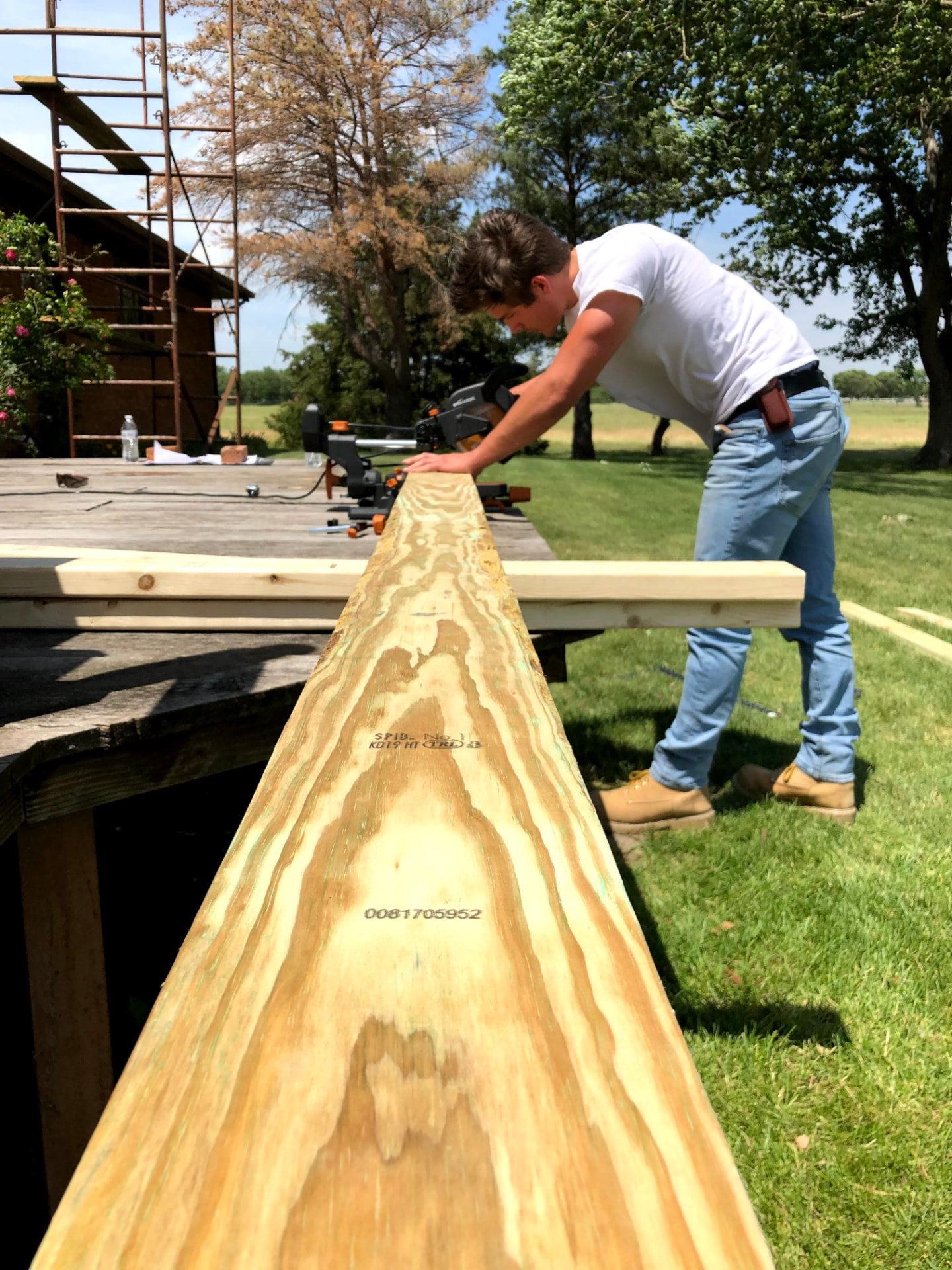 Danny cutting a board for the God cave shed on a sawhorse workbench