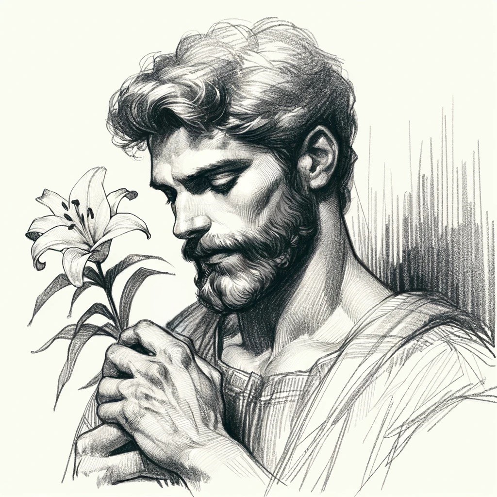 A pencil sketch of St. Joseph holding a lily